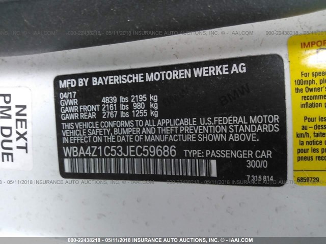 WBA4Z1C53JEC59686 - 2018 BMW 430I WHITE photo 9