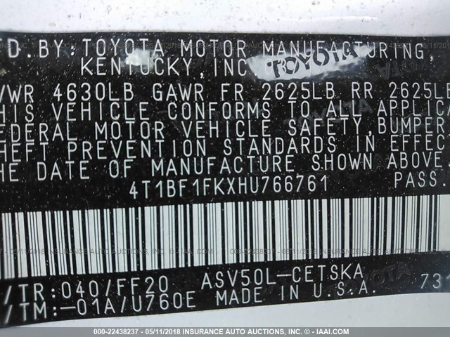 4T1BF1FKXHU766761 - 2017 TOYOTA CAMRY LE/XLE/SE/XSE WHITE photo 9