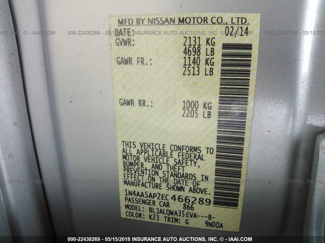 1N4AA5AP2EC466289 - 2014 NISSAN MAXIMA S/SV SILVER photo 9