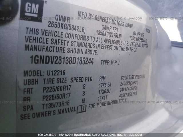 1GNDV23138D186244 - 2008 CHEVROLET UPLANDER LS SILVER photo 9