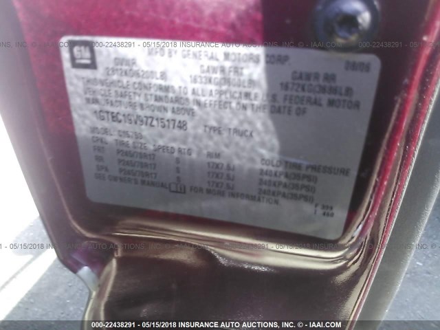 1GTEC19V97Z151748 - 2007 GMC NEW SIERRA C1500 MAROON photo 9