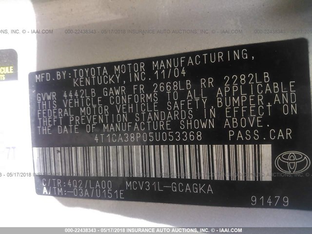 4T1CA38P05U053368 - 2005 TOYOTA CAMRY SOLARA SE/SLE 棕色 照片 9