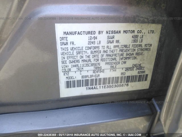 1N4AL11E35C305676 - 2005 NISSAN ALTIMA S/SL GRAY photo 9