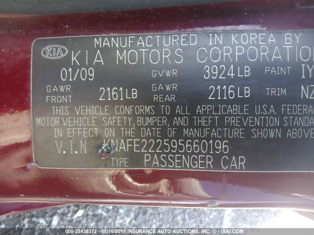 KNAFE222595660196 - 2009 KIA SPECTRA EX/LX/SX RED photo 9