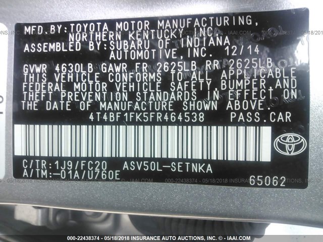 4T4BF1FK5FR464538 - 2015 TOYOTA CAMRY LE/XLE/SE/XSE GRAY photo 9