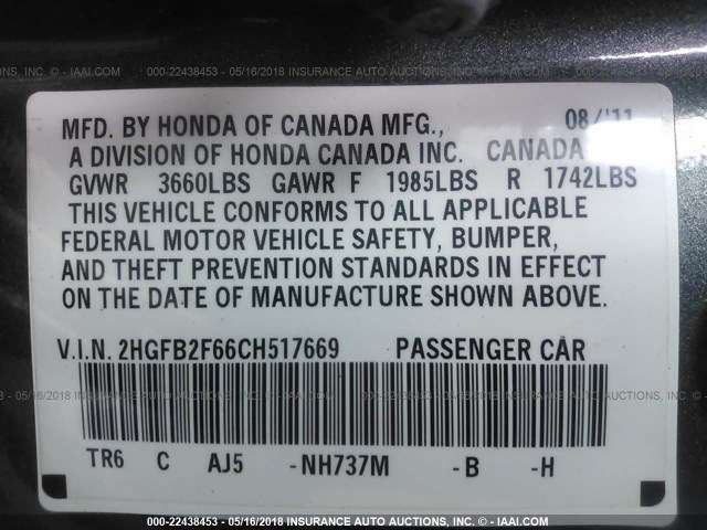 2HGFB2F66CH517669 - 2012 HONDA CIVIC HF GRAY photo 9