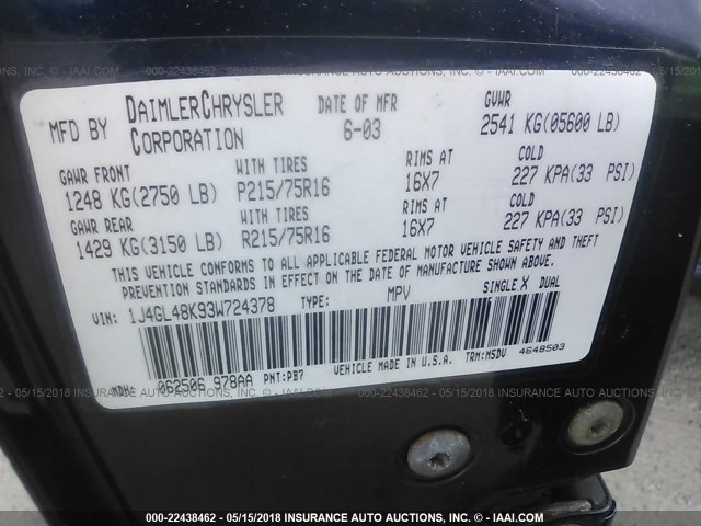 1J4GL48K93W724378 - 2003 JEEP LIBERTY SPORT/FREEDOM ლურჯი ფოტო 9