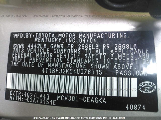 4T1BF32K54U076315 - 2004 TOYOTA CAMRY LE/XLE/SE ოქროსფერი ფოტო 9
