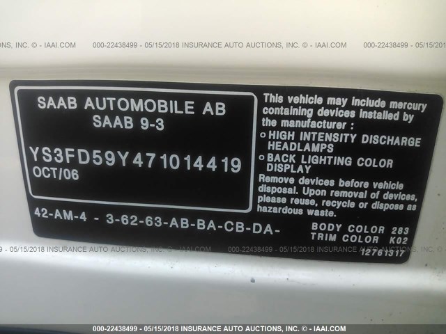 YS3FD59Y471014419 - 2007 SAAB 9-3 2.0T WHITE photo 9