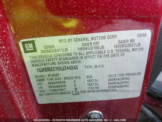 1GKER23768J244245 - 2008 GMC ACADIA SLT-1 RED photo 9