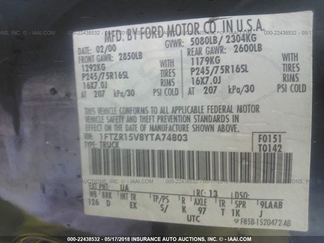 1FTZR15V8YTA74803 - 2000 FORD RANGER SUPER CAB BLACK photo 9