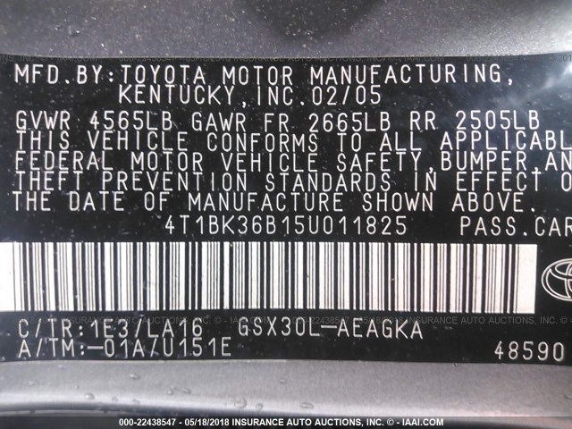 4T1BK36B15U011825 - 2005 TOYOTA AVALON XL/XLS/TOURING/LIMITED GRAY photo 9