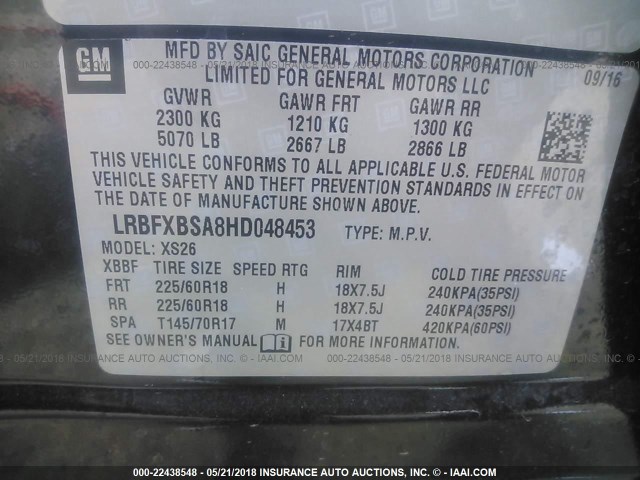 LRBFXBSA8HD048453 - 2017 BUICK ENVISION ESSENCE Սև լուսանկար 9