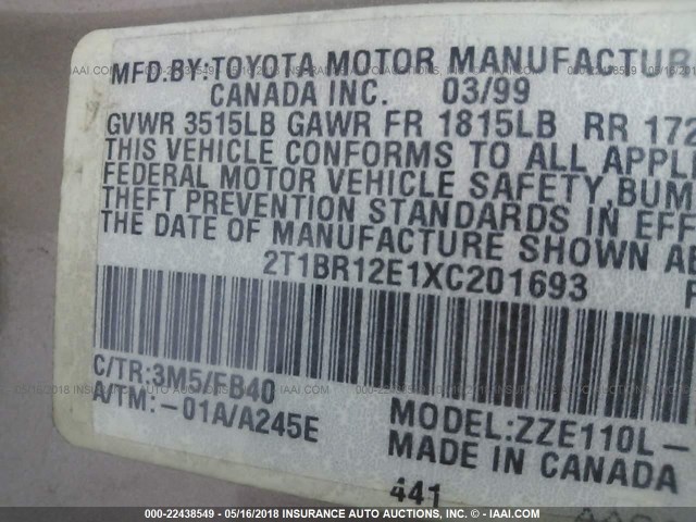 2T1BR12E1XC201693 - 1999 TOYOTA COROLLA VE/CE/LE 金色 照片 9