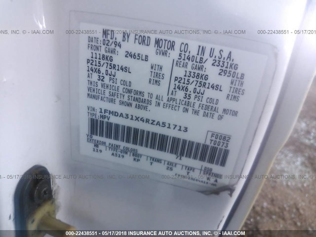 1FMDA31X4RZA51713 - 1994 FORD AEROSTAR WHITE photo 9