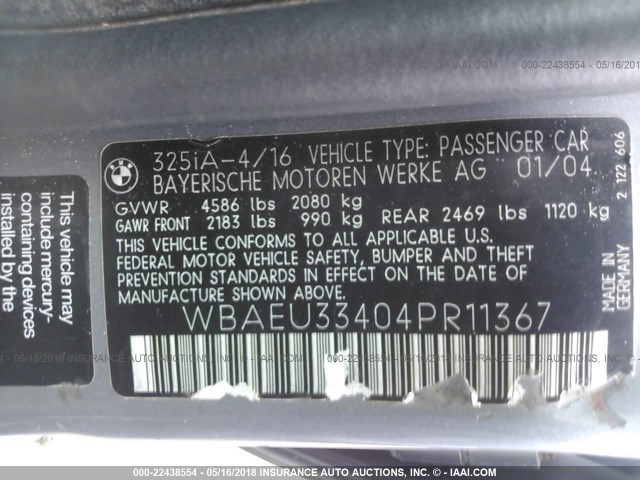 WBAEU33404PR11367 - 2004 BMW 325 XI SILVER photo 9