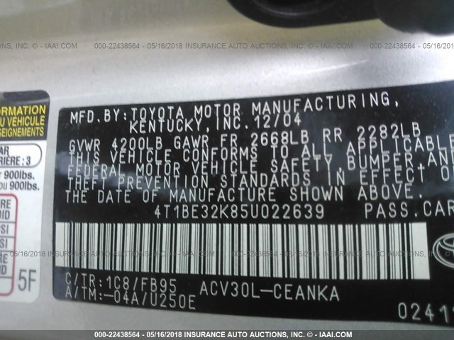 4T1BE32K85U022639 - 2005 TOYOTA CAMRY LE/XLE/SE SILVER photo 9