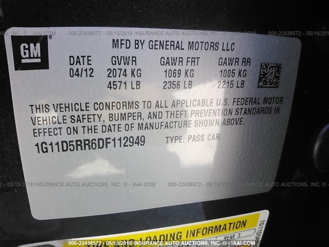 1G11D5RR6DF112949 - 2013 CHEVROLET MALIBU 1LT 黑色 照片 9