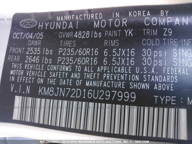 KM8JN72D16U297999 - 2006 HYUNDAI TUCSON GLS/LIMITED SILVER photo 9