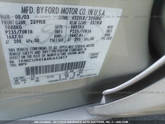 1FMCU94164KA53817 - 2004 FORD ESCAPE LIMITED GOLD photo 9