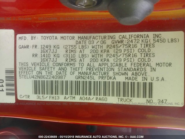5TELU42N86Z240987 - 2006 TOYOTA TACOMA DOUBLE CAB წითელი ფოტო 9