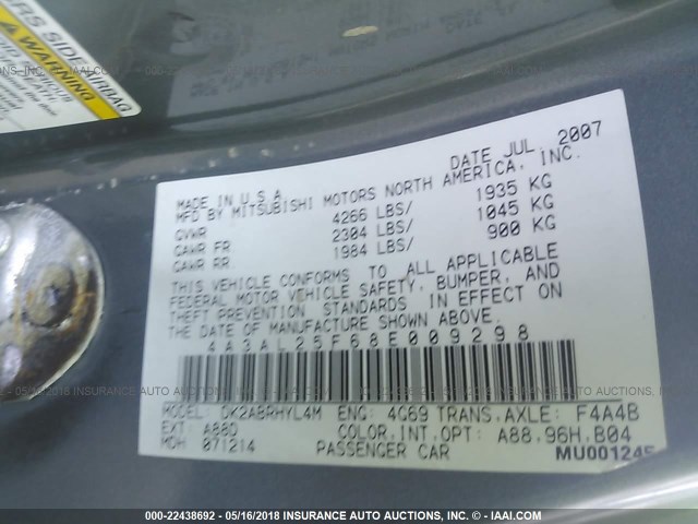 4A3AL25F68E009298 - 2008 MITSUBISHI ECLIPSE SPYDER GS 灰色 照片 9