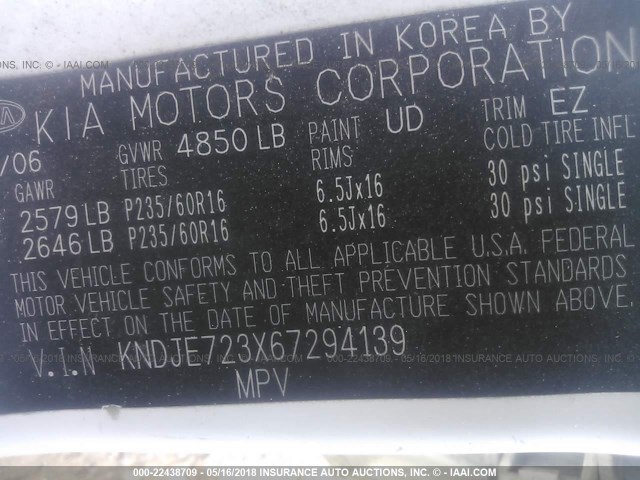 KNDJE723X67294139 - 2006 KIA NEW SPORTAGE  WHITE photo 9