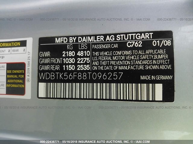 WDBTK56F88T096257 - 2008 MERCEDES-BENZ CLK 350 Light Blue photo 9