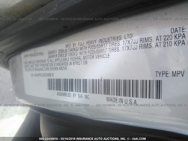 4S4BP61C067340616 - 2006 SUBARU LEGACY OUTBACK 2.5I SILVER photo 9