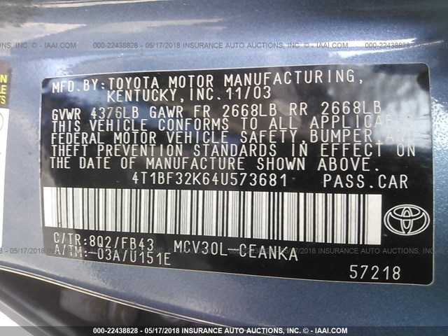 4T1BF32K64U573681 - 2004 TOYOTA CAMRY LE/XLE/SE 蓝色 照片 9