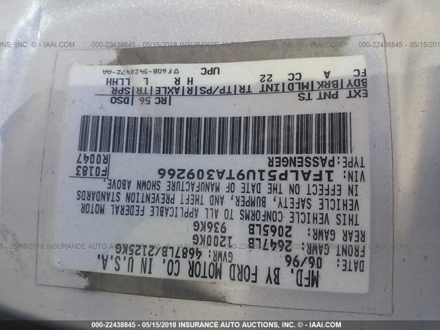 1FALP51U9TA309266 - 1996 FORD TAURUS G SILVER photo 9