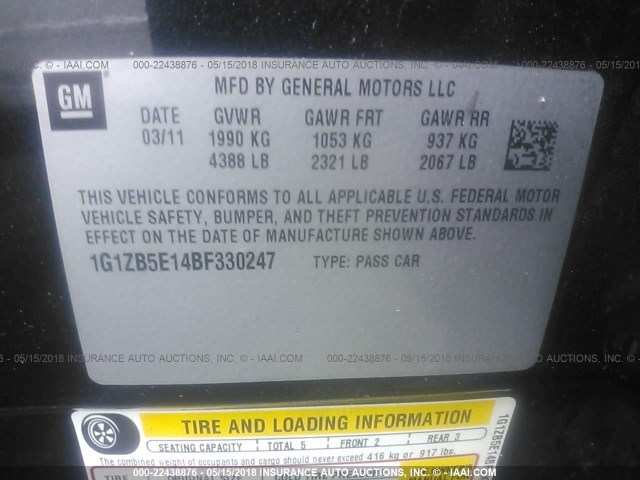 1G1ZB5E14BF330247 - 2011 CHEVROLET MALIBU LS 黑色 照片 9