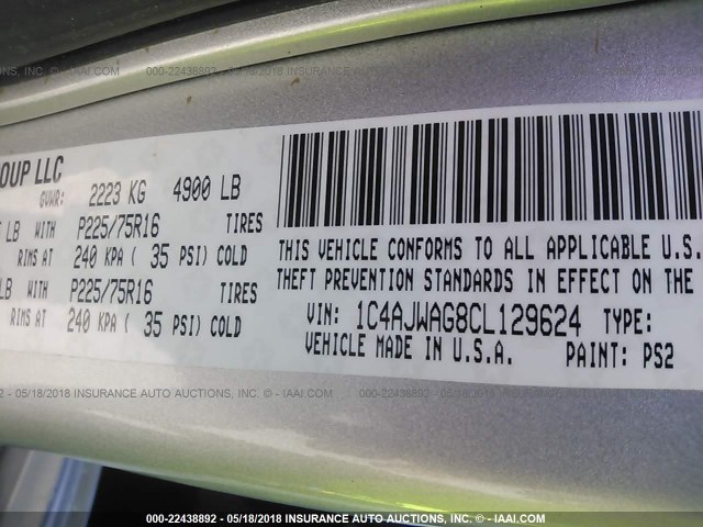 1C4AJWAG8CL129624 - 2012 JEEP WRANGLER SPORT SILVER photo 9