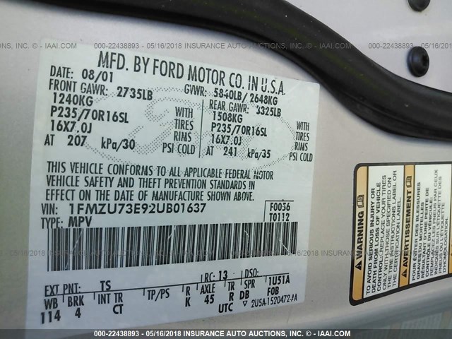 1FMZU73E92UB01637 - 2002 FORD EXPLORER XLT SILVER photo 9