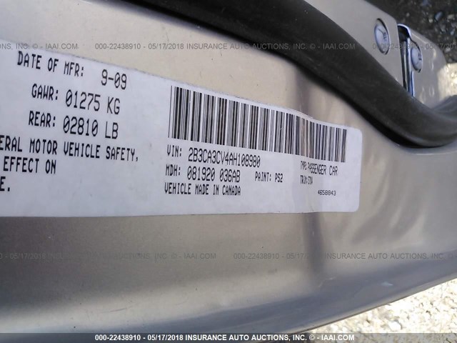 2B3CA3CV4AH108980 - 2010 DODGE CHARGER SXT SILVER photo 9