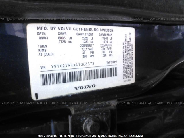 YV1CZ59HX41066378 - 2004 VOLVO XC90 BLUE photo 9