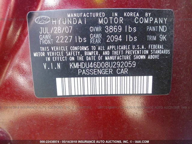 KMHDU46D08U292059 - 2008 HYUNDAI ELANTRA GLS/SE/LIMITED RED photo 9