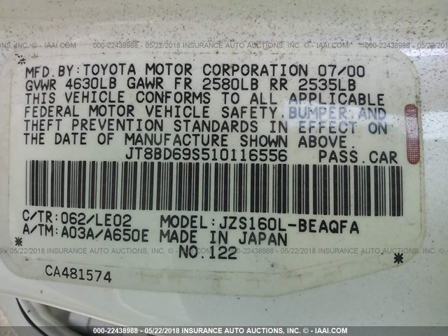 JT8BD69S510116556 - 2001 LEXUS GS 300 WHITE photo 9