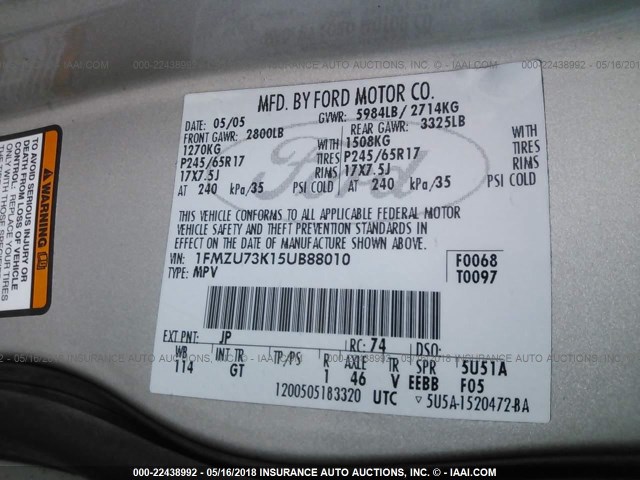 1FMZU73K15UB88010 - 2005 FORD EXPLORER XLT/XLT SPORT/NBX SILVER photo 9