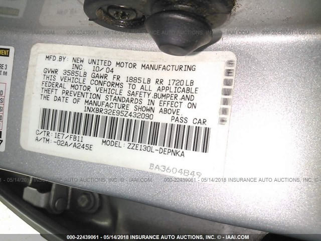 1NXBR32E95Z432090 - 2005 TOYOTA COROLLA CE/LE/S SILVER photo 9