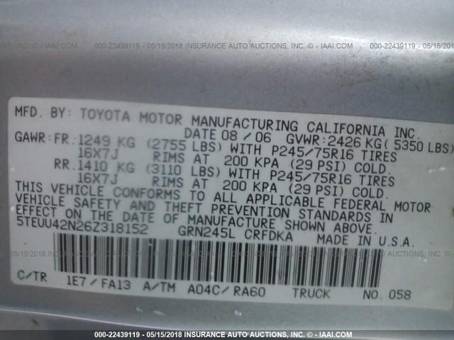 5TEUU42N26Z318152 - 2006 TOYOTA TACOMA ACCESS CAB Сұр фото 9