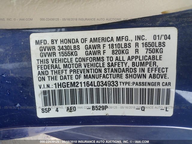 1HGEM21164L034933 - 2004 HONDA CIVIC DX VP Mavi foto 9