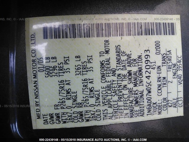 1N6AD07W05C420993 - 2005 NISSAN FRONTIER CREW CAB LE/SE/OFF ROAD GRAY photo 9