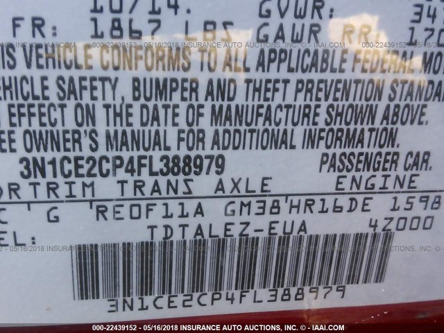 3N1CE2CP4FL388979 - 2015 NISSAN VERSA NOTE S/S PLUS/SV/SL/SR RED photo 9