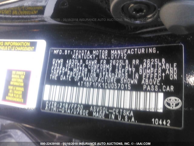 4T1BF1FK1CU057015 - 2012 TOYOTA CAMRY SE/LE/XLE 黑色 照片 9