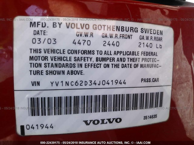 YV1NC62D34J041944 - 2004 VOLVO C70 HPT RED photo 9