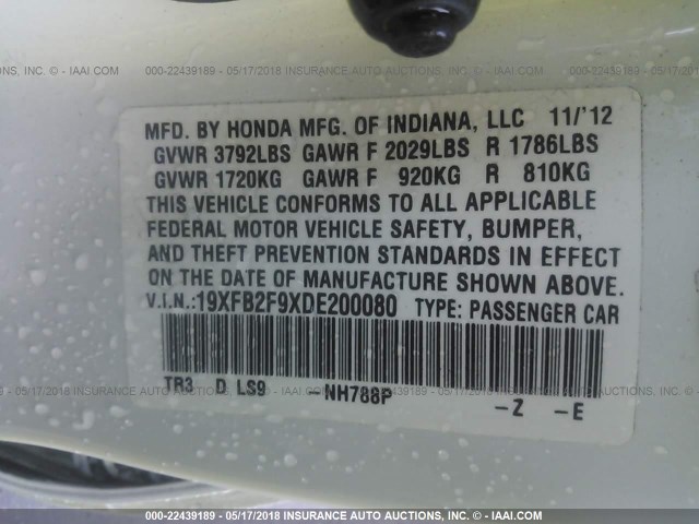 19XFB2F9XDE200080 - 2013 HONDA CIVIC EXL Ağ foto 9