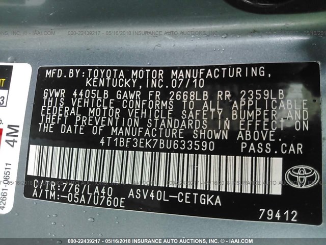 4T1BF3EK7BU633590 - 2011 TOYOTA CAMRY SE/LE/XLE GREEN photo 9