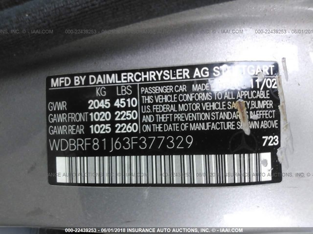 WDBRF81J63F377329 - 2003 MERCEDES-BENZ C 240 4MATIC GRAY photo 9