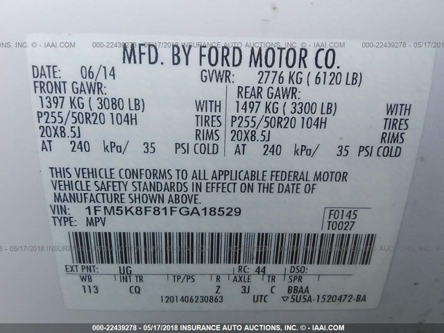 1FM5K8F81FGA18529 - 2015 FORD EXPLORER LIMITED 白色 照片 9